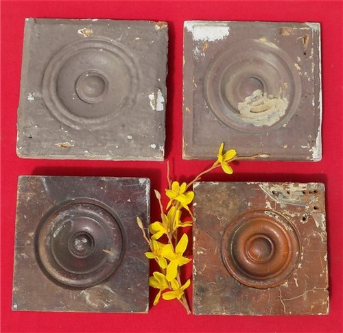 4 Plinth Blocks, Antique Bullseye Rosettes, Architectural Salvage, Wood Trim A19