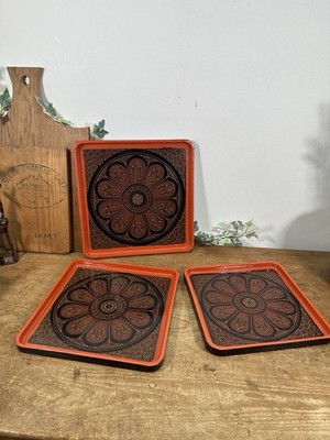 3er Set verschachtelte burmesische Lackschalen orange & schwarz Design