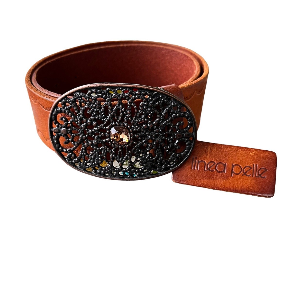 Linea Pelle Brown Leather Belt with Oval Brushed Metal Buckle Linea Pelle Brown Leather Belt Oval Buckle with Amber Stone  main image 3