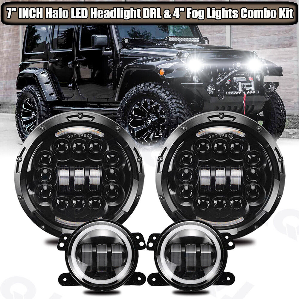 7 Led Headlghts & 4 Fog Lghts Combo Kt For Hummer H3 H3T Jeep