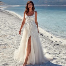 Elegant A-Line Wedding Dresses Square Neck High Slit Lace Appliques Bridal Gowns