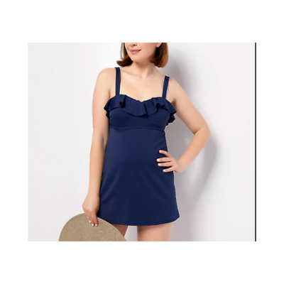 Denim & Co. Beach Ruffle Neckline Swim Dress, Size Plus 30, Navy