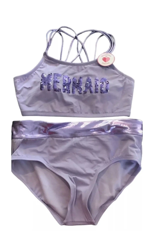 Conjunto de 2 piezas de traje de baño Justice Girls púrpura lentejuelas reversibles sirena talla 12 Foto 2 de 4