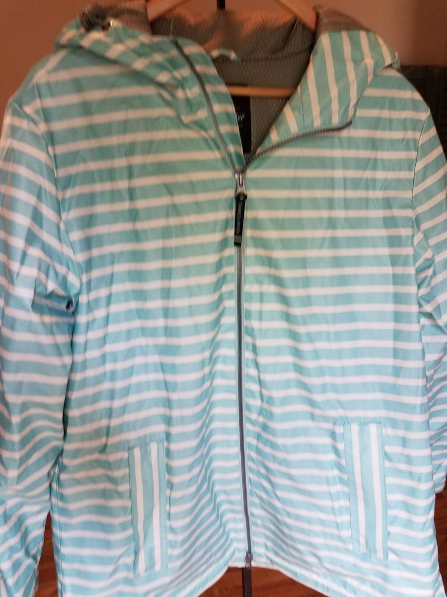 Charles River Women's New Englander Aqua White Striped Rain Jacket