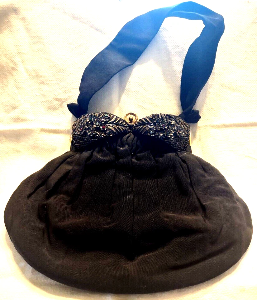 De Colección Bolso de Tafetán Negro Cartera Bolso de Mano 1950-60 MCM Noche Elegante Gremio Original Foto 2 de 4