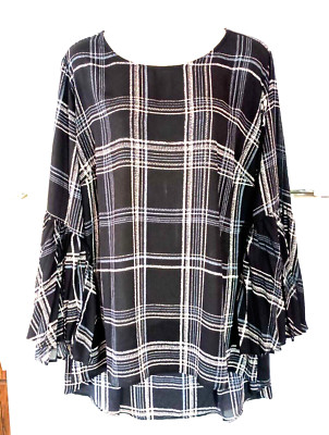 SUSAN GRAVER BLACK PLAID 3/4 PLEATED FLARE SLEEVE HI LO CHIFFON TOP SIZE 20W