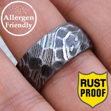 SIZE 10 10mm Wide Raw Damascus Steel Rugged Hammered Ring Hand Forged Band Mens