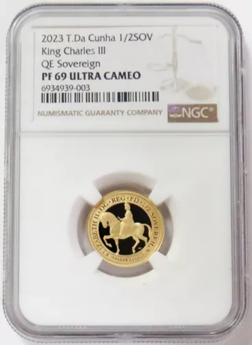 2023 GOLD TRISTAN DA CUNHA 1/2 SOVEREIGN KING CHARLES III QE SOV NGC PF 69 UC