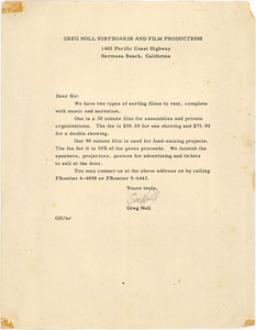 1960 GREGG NOLL SURFBOARDS & FILM PROD. LETTER SIGNED BY NOLL!!! VG 8.5 X 11