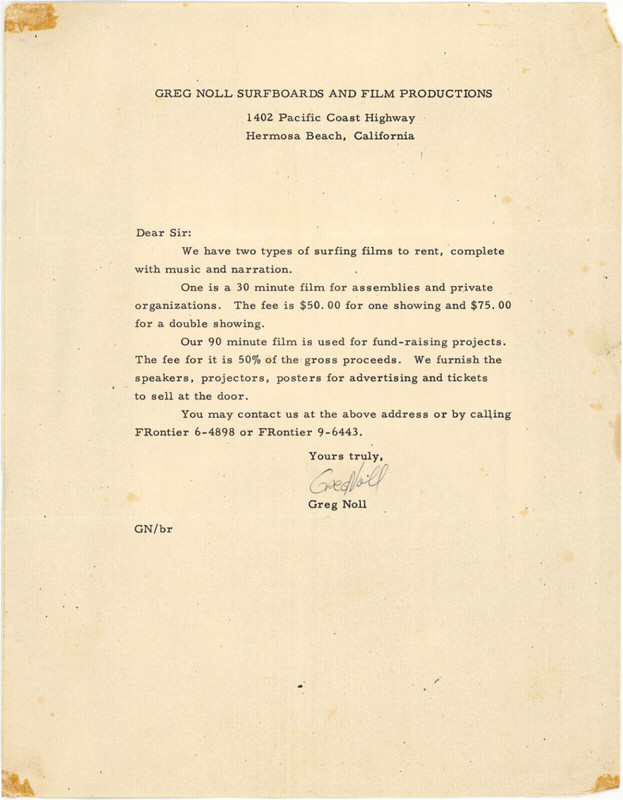 1960 GREGG NOLL SURFBOARDS & FILM PROD. LETTER SIGNED BY NOLL!!! VG 8.5 X 11