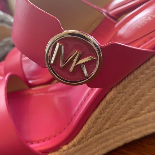 Michael Kors Pink Leather Espadrille Lucinda Wedge Sandals Platform Size 6.5 - Picture 2 of 10
