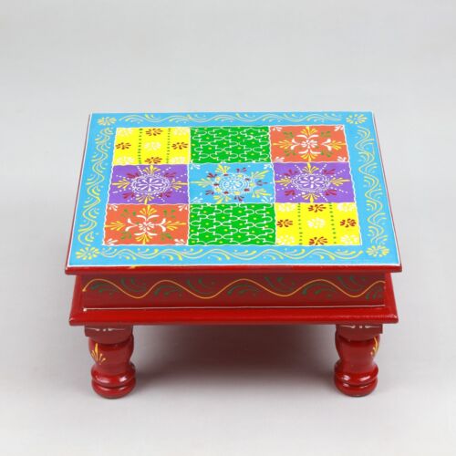 Red Wooden Stool with Vibrant Hand Painted Colorful Top Square Indien Decorative - Picture 6 of 6