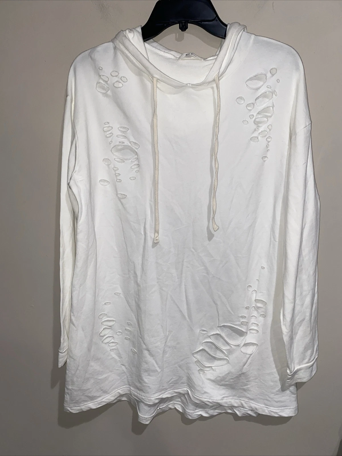 TRES BIEN White Distressed Long Sleeve Hooded Hoodie Shirt Holes Size L