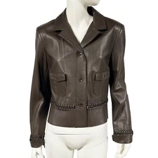 Carlisle Brown Leather Jacket Whipstitch Chain Detail~Womens Size 10 / 12