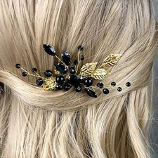 Aimimier Bridal Black Crystal Hair Comb Gold Leaf Headpiece Wedding Hair