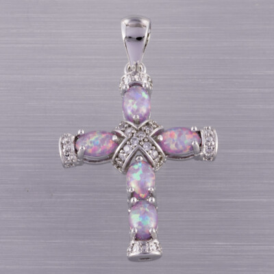 Latin Cross Lavender Purple Fire Opal CZ Silver Jewelry Necklace Pendant