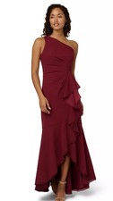 Adrianna Papell Crimson Red Sz 10 Crepe One Shoulder Ruffle Gown 249
