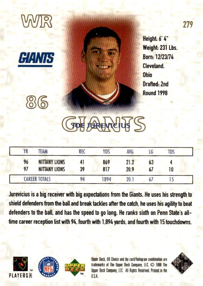 1998 UD Choice #279 Joe Jurevicius - Image 2 of 2