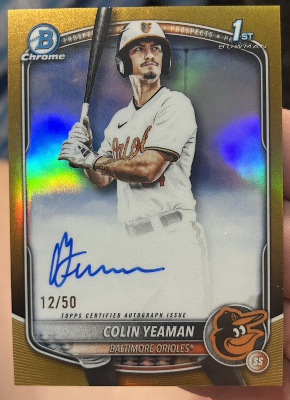 2025 Bowman Draft Colin Yeaman Chrome Auto Gold Refractor 1st #/50 Orioles