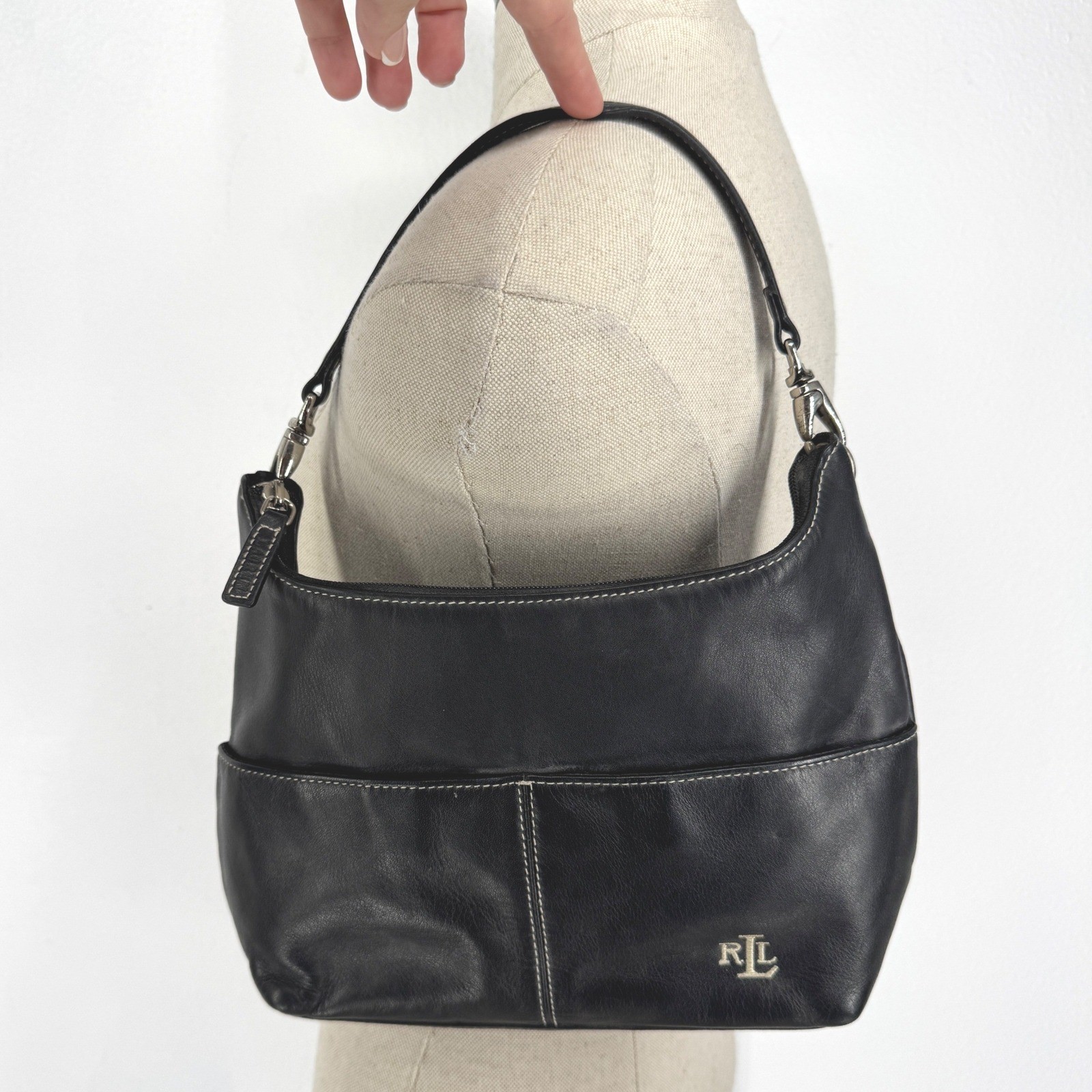 Vintage Ralph Lauren Y2K Black Leather Shoulder Bag Mini Bag Hobo 90s Minimalist