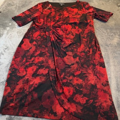 Connected Apparel Faux Wrap Dress Womens 20W Red Black Floral Knot Detail