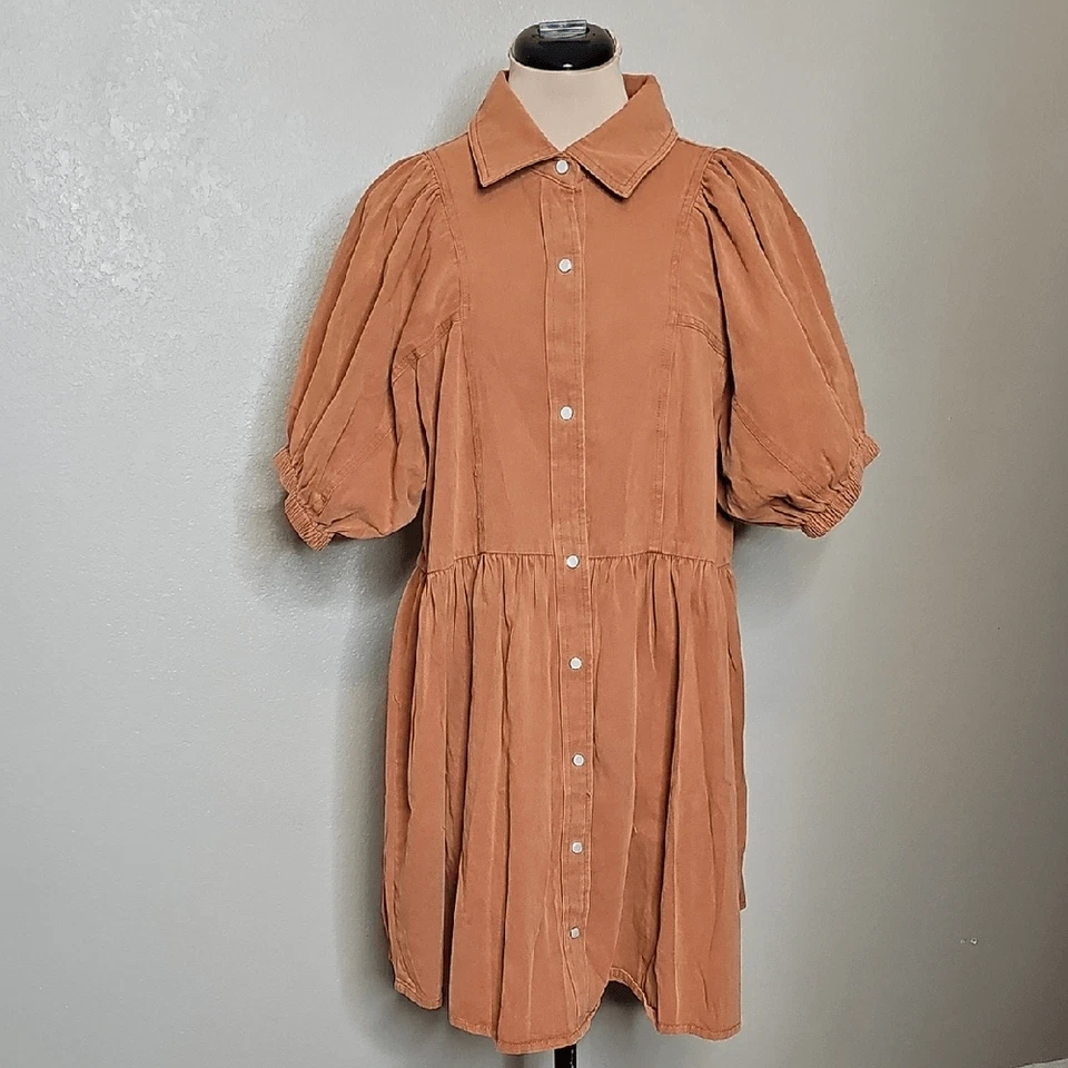 Shop The Mint XL Well Known Cinnamon Brown Denim Babydoll Puff Sleeve Dress - Image 2 of 4