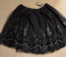 Black Silver Floral Embroidered Tulle Mesh Midi Skirt Scalloped Hem XL