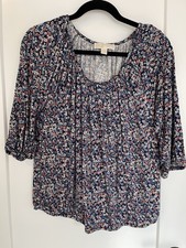 Michael Kors Navy Blooms Floral Print Pullover Blouse Top 3/4 Sleeve Soft XL