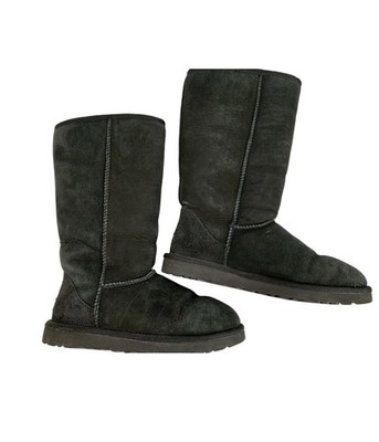 Ugg Black Suede Shearling Winter Boots Size 5 R10634 Flat Mid Calf EUC Cuffable