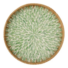Decorative Coffee Table Trays for Home Decor, Round Rattan Tray with Mother o...