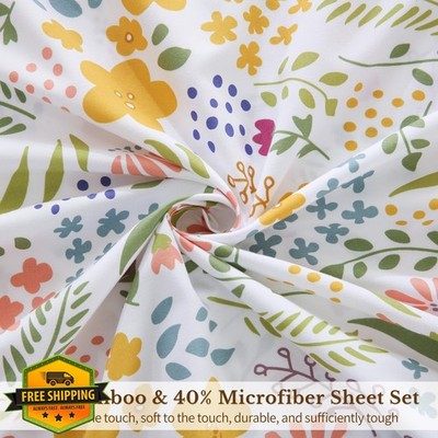 MEISHANG Cooling Bamboo Sheet Set 4pc White Flower Floral 1800 Thread Count