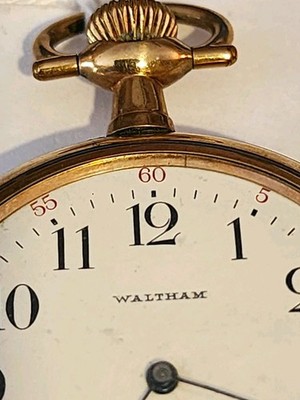 Waltham 220 15J Open Face Mechanical Pocket Watch Gold Filled White Arabic
