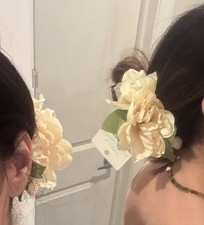 4" Cream Beige Faux Silk Peony Flower Claw Hair Clip NWT Large Green Leaves Boho