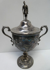 ANTIQUE SCOTTISH SOLDIER 2 HANDLE TROPHY J.C. JENSEN 1909 SILVER PLATE ENGRAVED