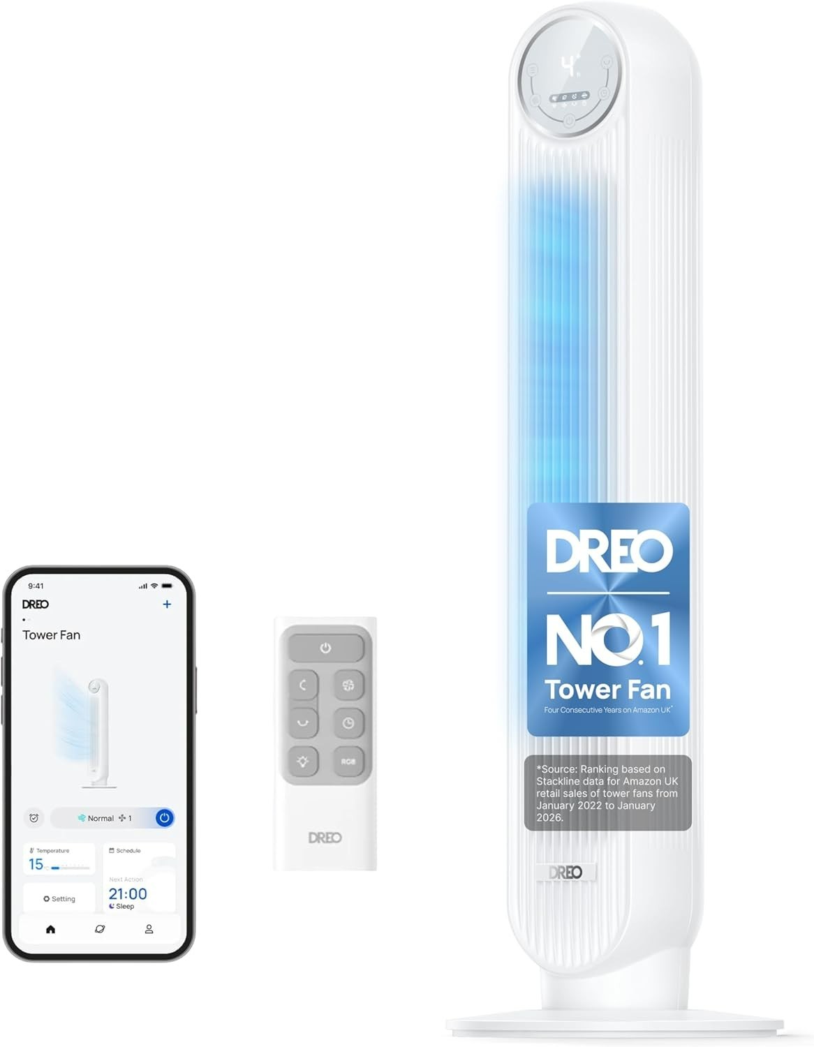 Dreo Smart Tower Fan, 28dB Silent Standing Fans for 36 inch-WiFi, White