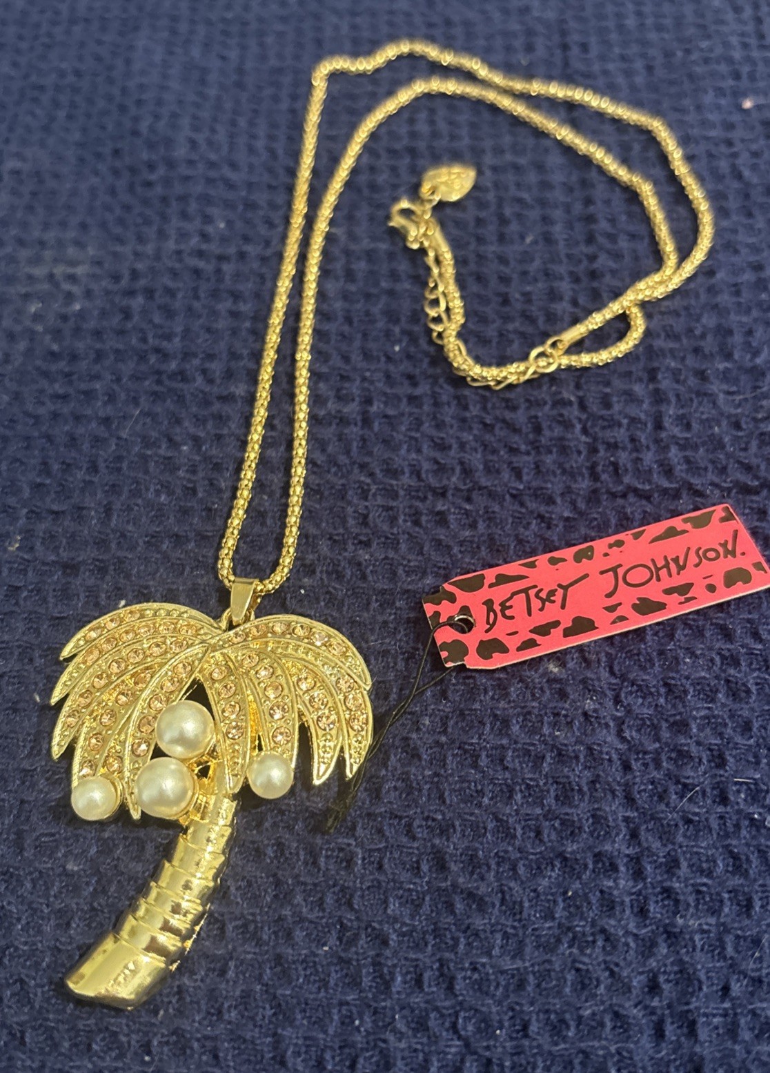 Betsey Johnson Palm Tree Faux Pearl & Pink Rhinestone  Pendant Necklace