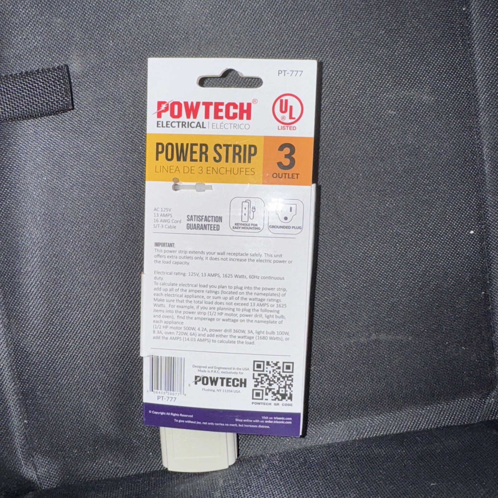 AC 3 Outlet Mini Power Strip Grounded Home Wall Plug 8 inch Cord 1625 Watts 13A