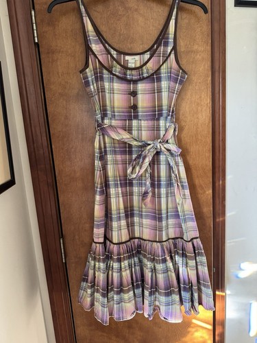 Y2K 2000s Boho Anthropologie Sundress Odille Size 8 Retro Pink Plaid Brown Trim