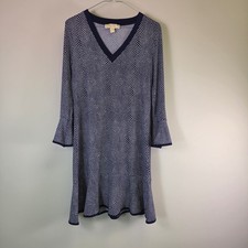 Michael Michael Kors Navy White Geometric V-Neck Bell Sleeve Flounce Dress M