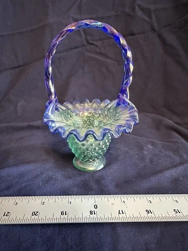 Green Blue Hobnail Glass Decorative Basket Twisted Handle Ruffled Edge 7 in