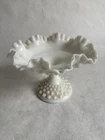 Vintage Fenton Hobnail White Milk Glass Ruffled Compote Pedestal Candy Dish Bowl