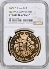 2021 Royal Mint UK Gold Proof £5 QEII 95th Birth Anniversary Five Pounds PF70