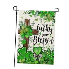St Patricks Day Garden Flag Shamrocks Clover Cross Blessed 12x18 Inch Double