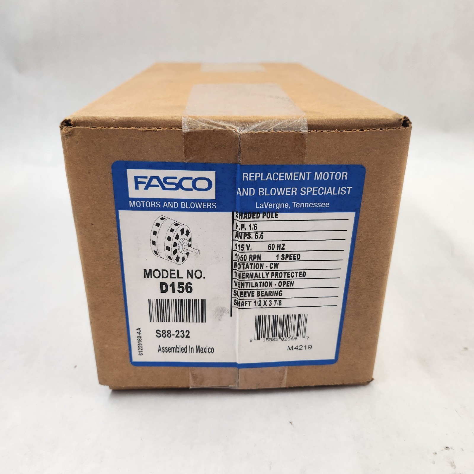 FASCO D156 MOTOR  1/6 HP, 1050 RPM, 115V, 1PH, Shaded Pole Motor New In Box