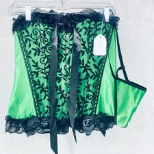 Womens Corset Large Green Satin Bustier Lingerie Set G String Bows Whimsygoth