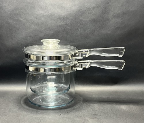 VTG FLAMEWARE PYREX GLASS DOUBLE BOILER 1.5 Qt #6283 Complete 3 Piece Set 