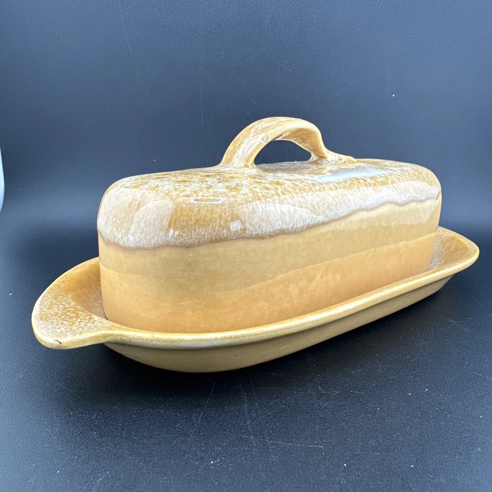 Vernonware California Heritage Butter Dish w/Lid MCM Vernon Kiln Drip Glaze Read