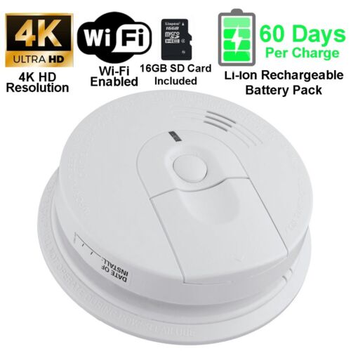 4K HD WIFI Smoke Detector Fire Alarm Spy Camera Hidden Nanny Cam 60 Day Battery - Picture 1 of 8