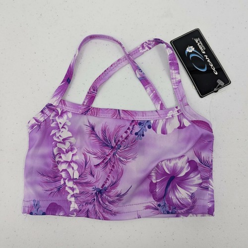 Ocean Drive Swim Top Girls S Purple Tropical Cross Back Crop Tankini - 第 1/4 張圖片