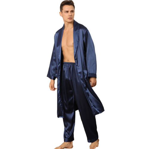 2Pcs Men Kimono Bathrobe Faux Silk Satin Pajamas with Pants Sleepwear Gown